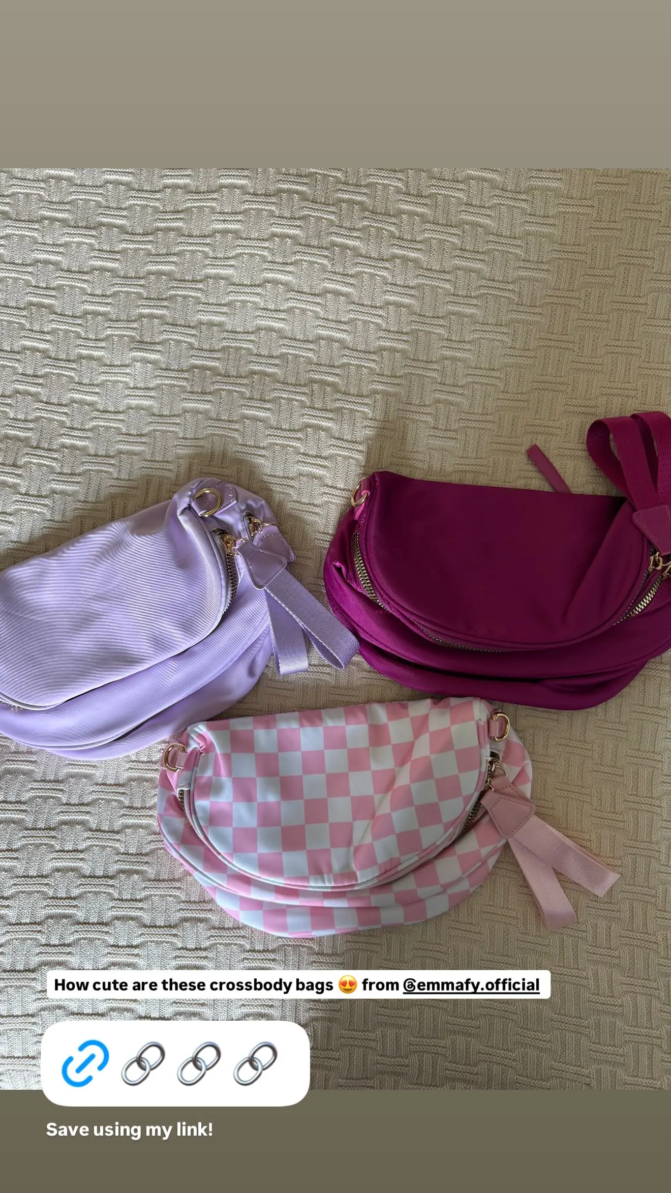 Three crossbody bags in purple, pink, and checkered pattern on a textured surface.