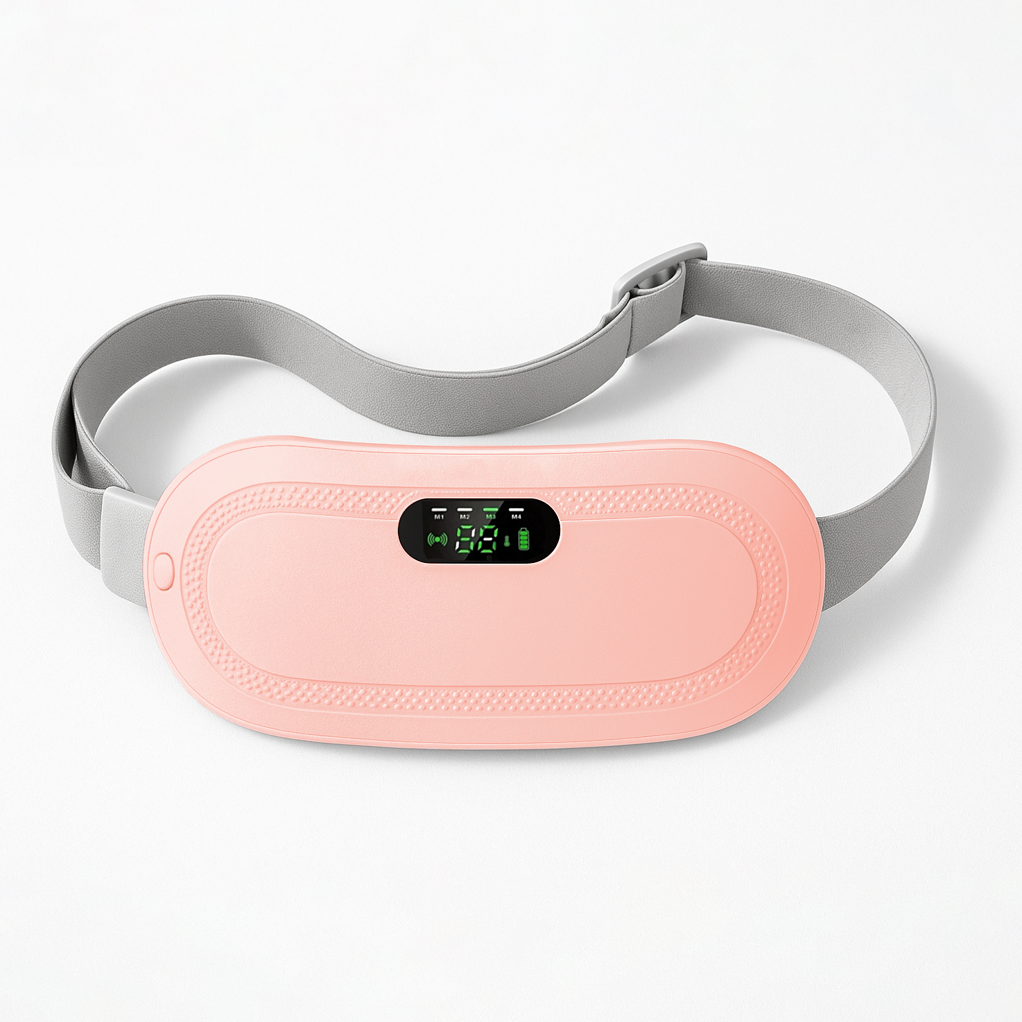 Pink electronic device with a digital display and adjustable gray strap.