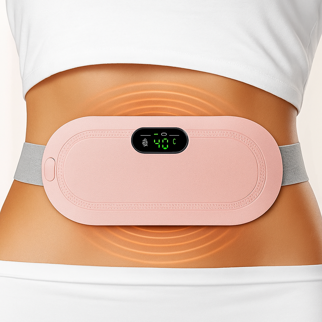 Pink heating pad on a person's abdomen displaying 40°C.