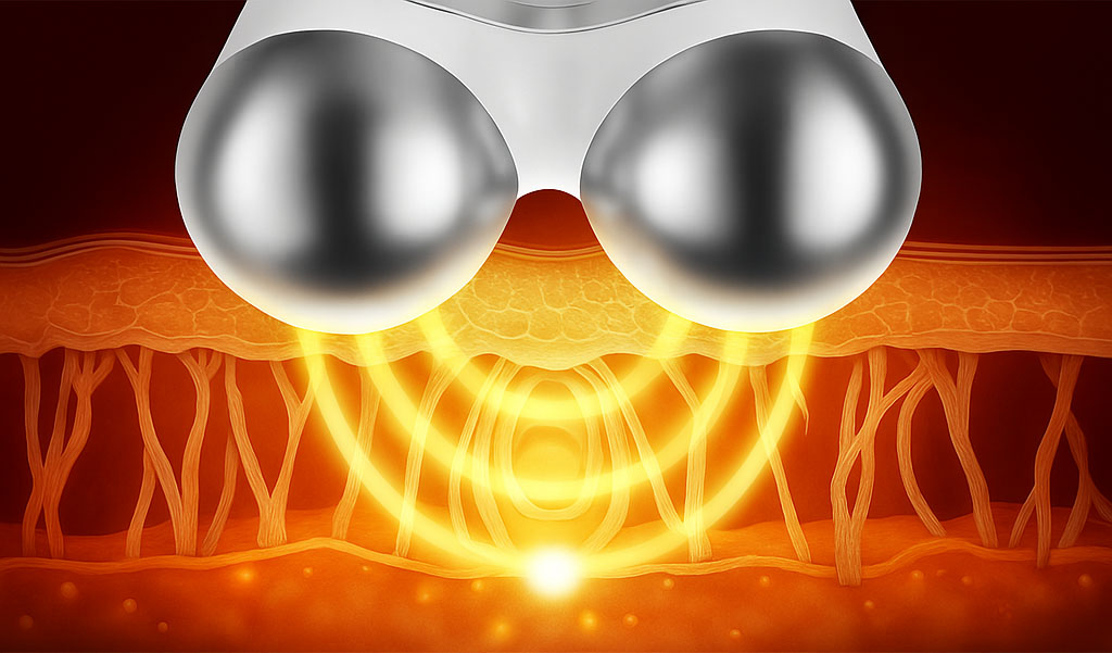 Illustration of a device emitting energy waves into skin layers.