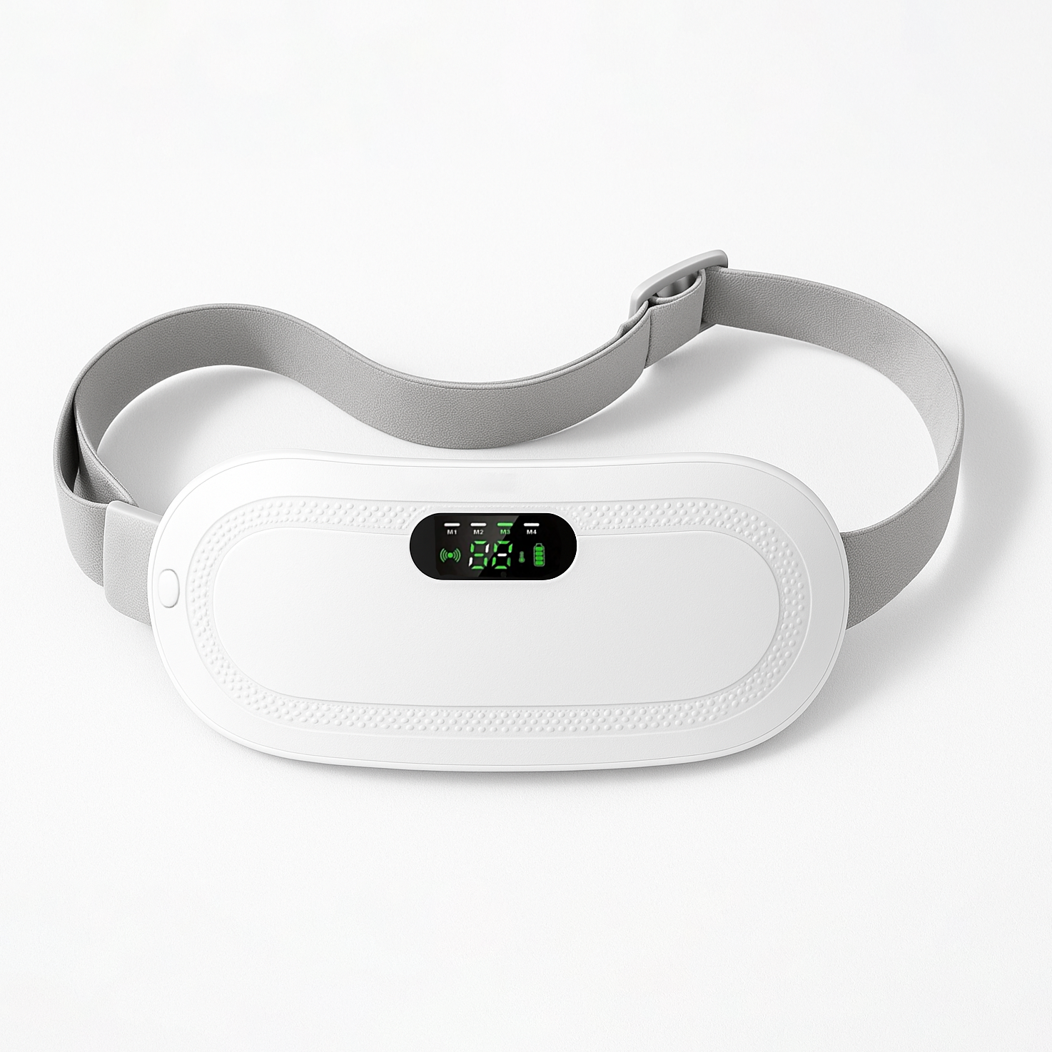 White electronic device with a digital display and adjustable gray strap.