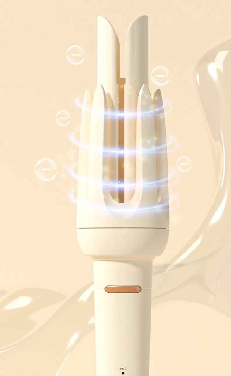 Person using a handheld hair curling device on blonde hair.
