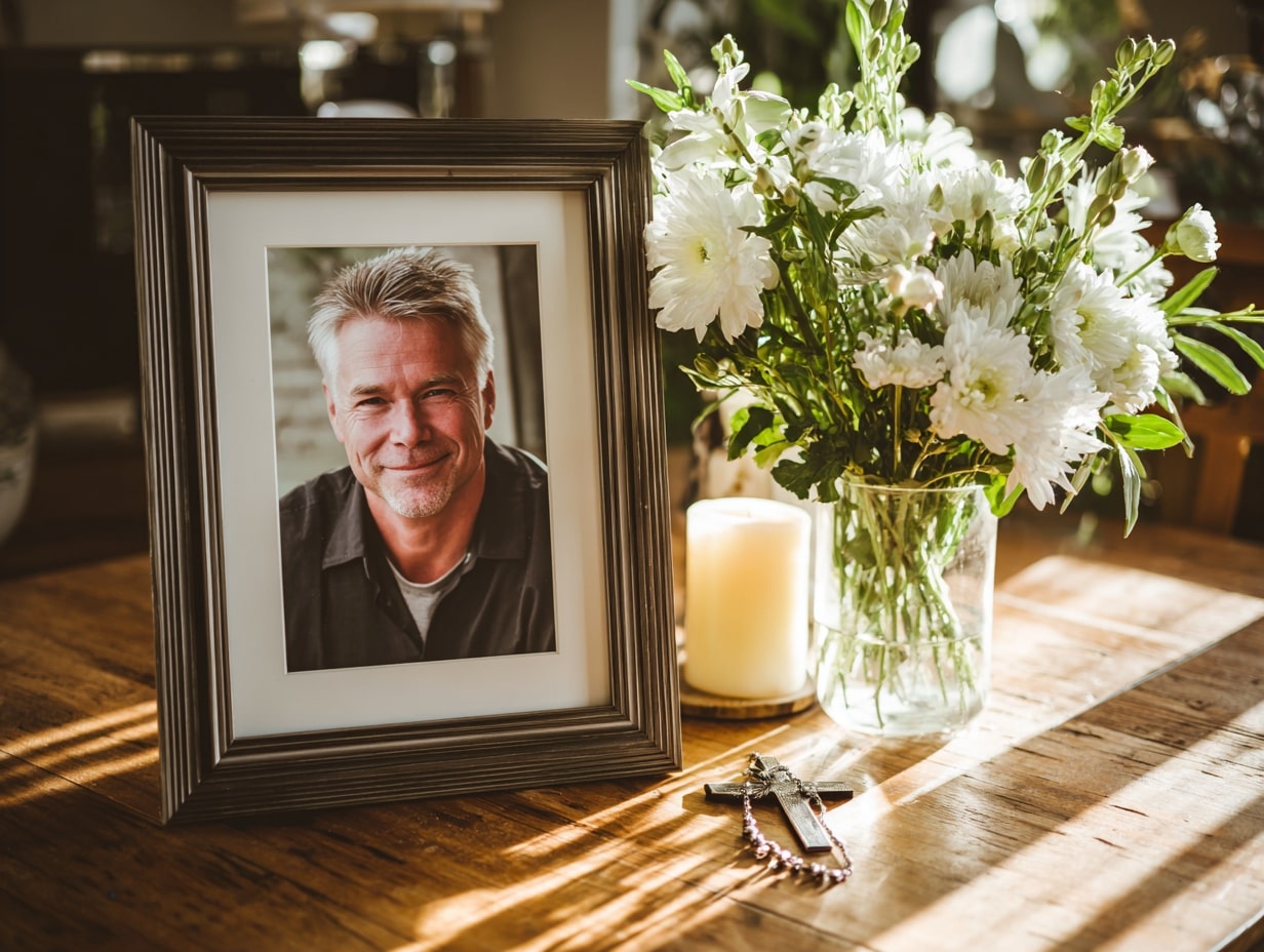 Framed photo, flowers, candle, and rosary on a wooden table.
