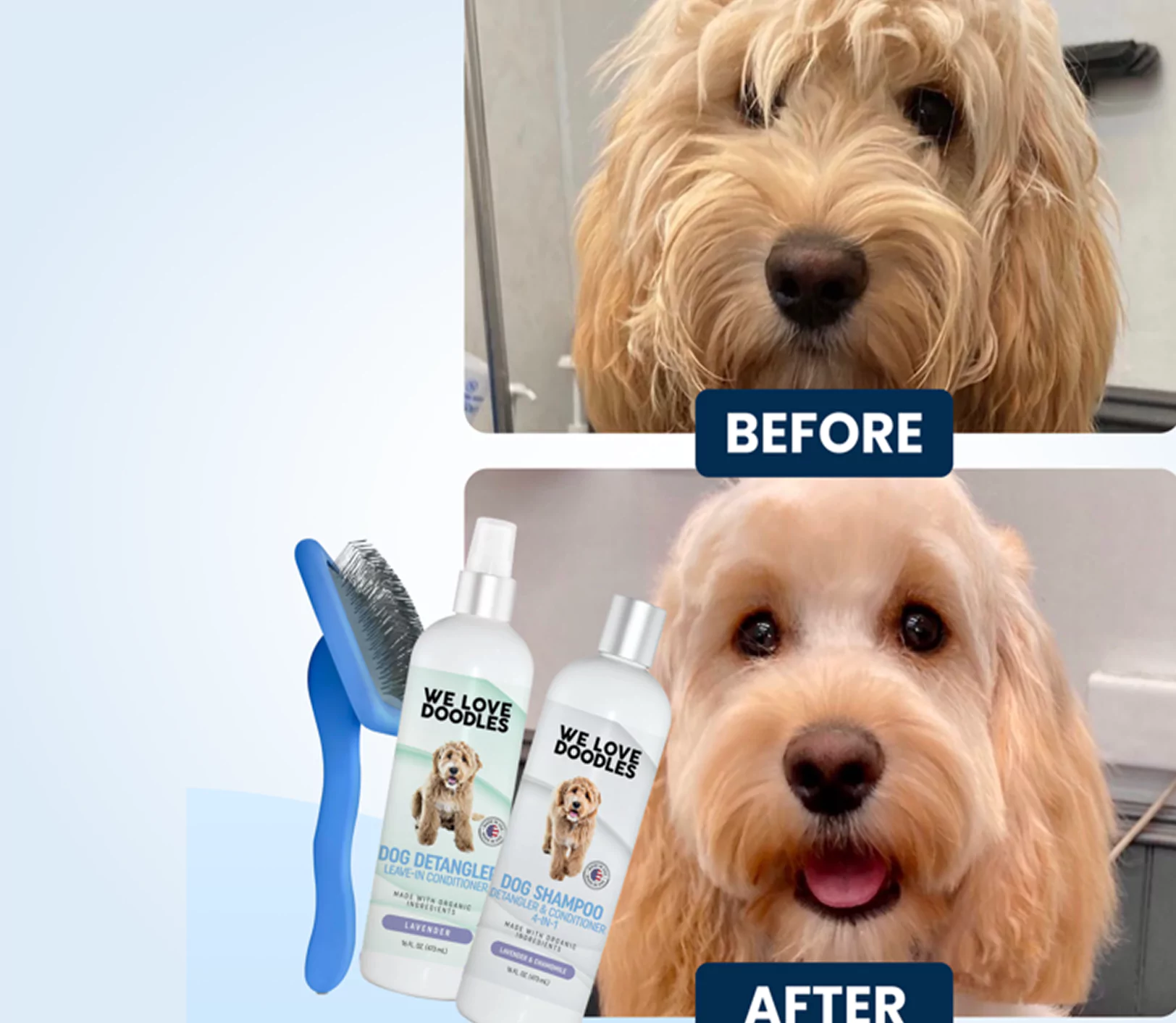 Before and after images of a groomed dog with shampoo and brush products.