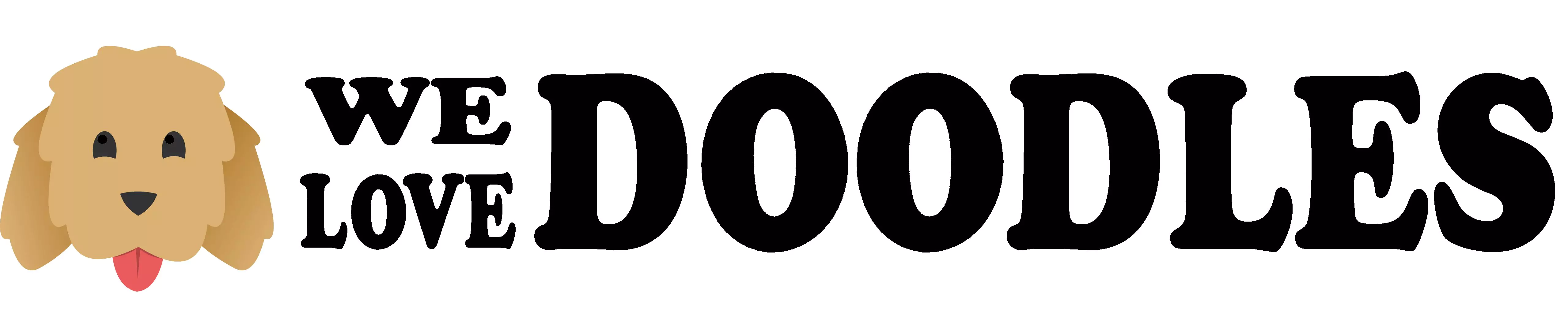 Cartoon dog face next to 'We Love Doodles' text.