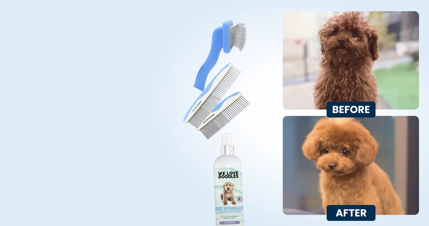 Dog grooming tools with before and after images of a dog's fur.