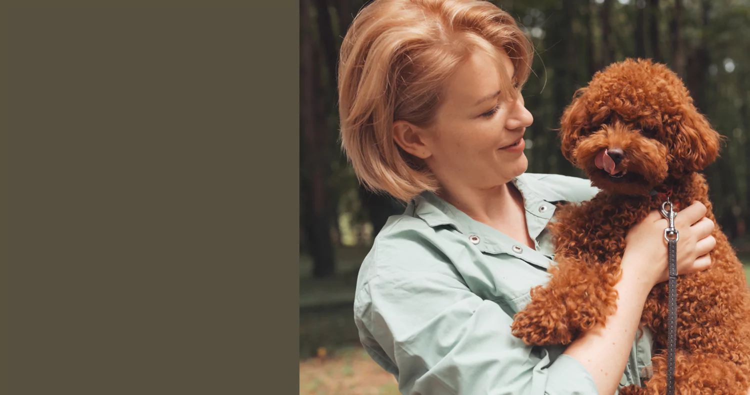Person holding a curly-haired brown dog outdoors.