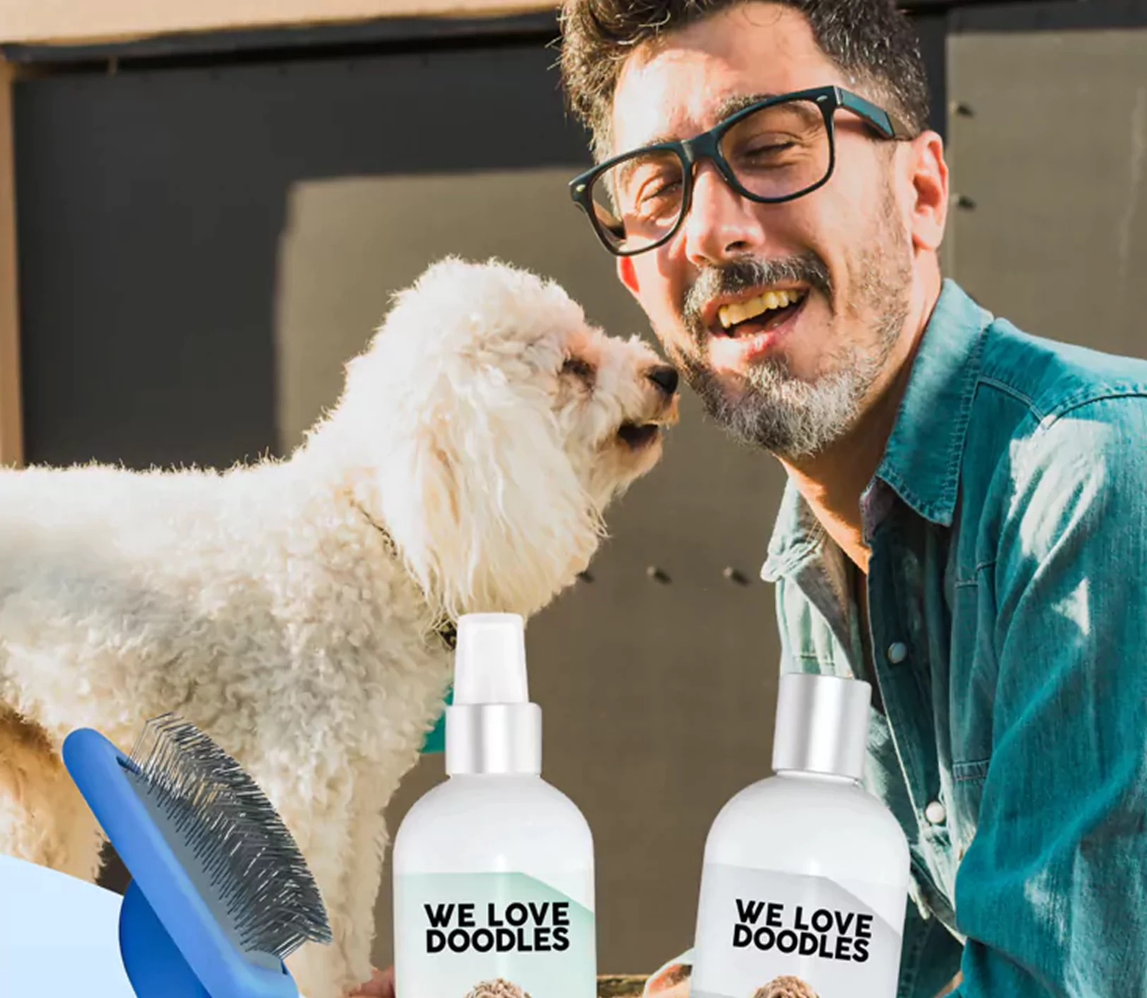 Man with glasses smiling next to a white dog and grooming products.