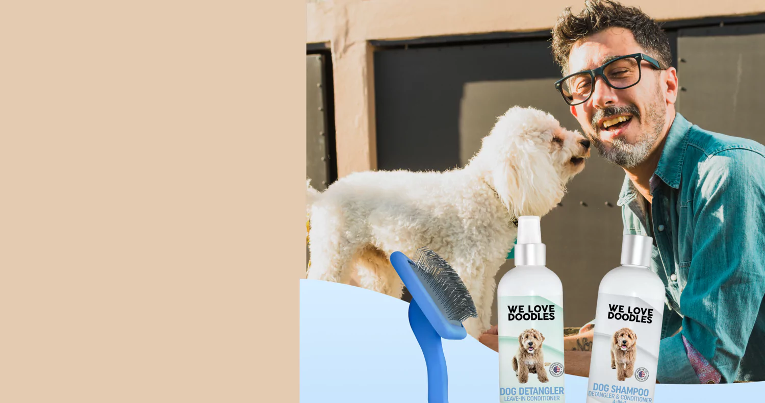 Man with glasses smiling at a white dog, with dog grooming products in foreground.