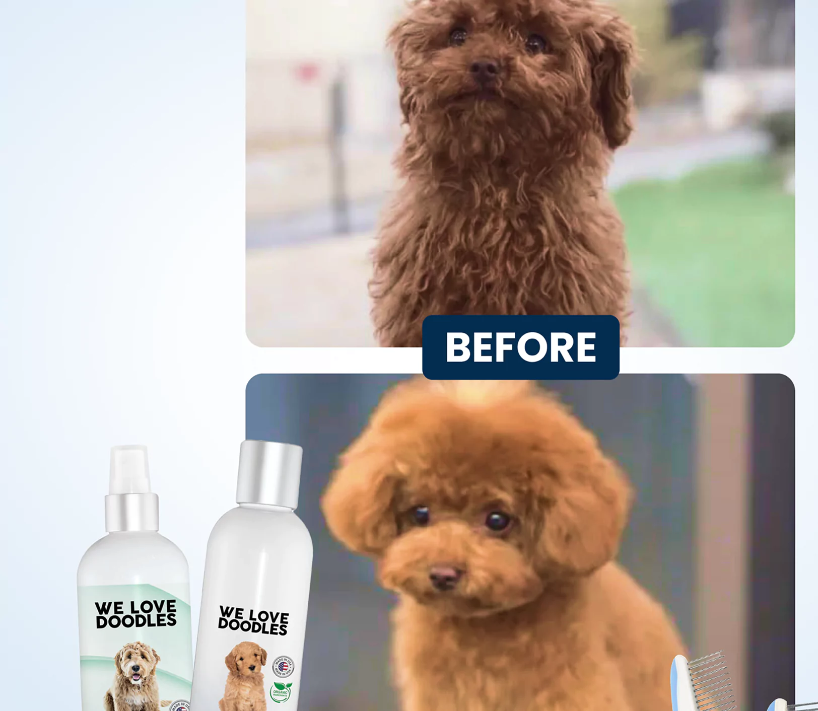 Before and after grooming images of a fluffy brown dog with grooming products.