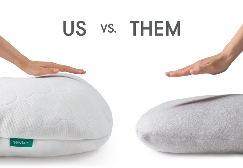 A comparison of The Newton Pillow vs. a less-filled competitor pillow