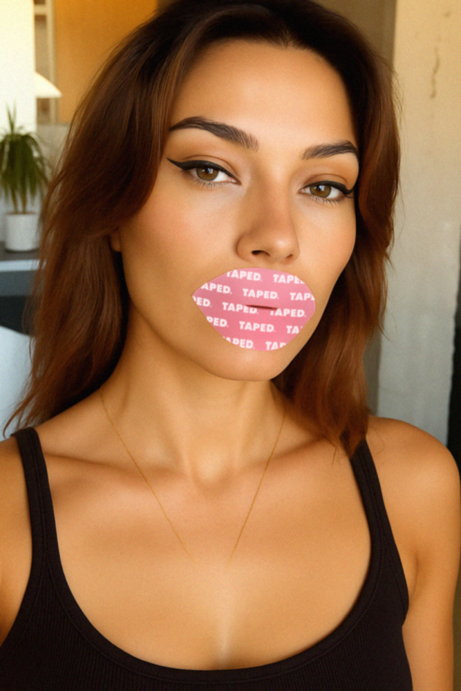 Woman with 'TAPED' text on lips, wearing black top.