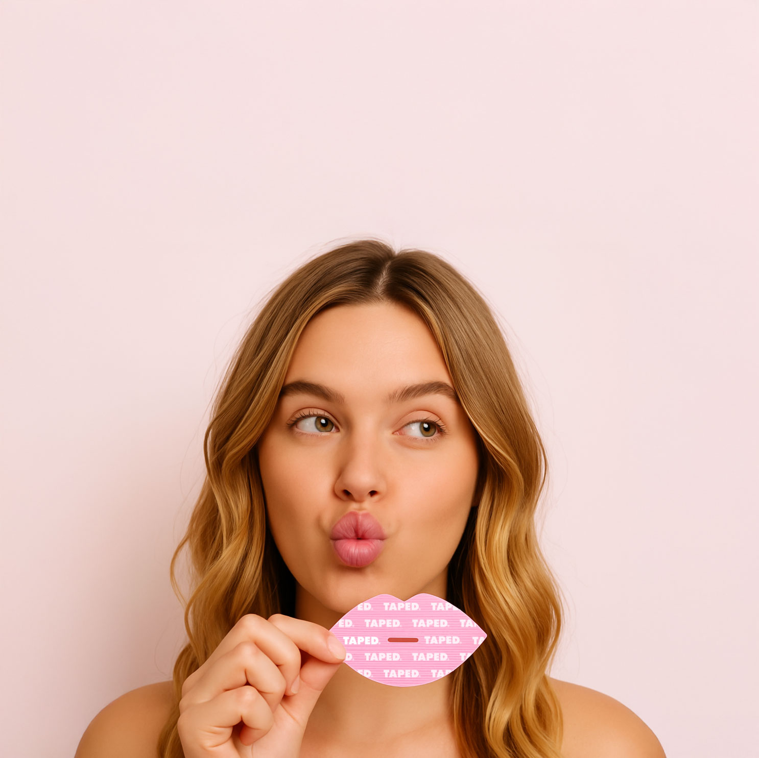 Person holding a pink lip-shaped card with 'TAPED' text.