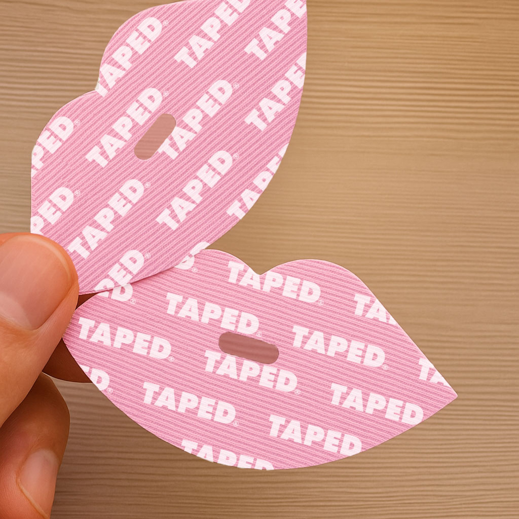 Two pink lip-shaped cutouts with 'TAPED' text, held by fingers.