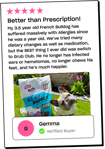 French bulldog with dog food bags on grass, review text and rating above.
