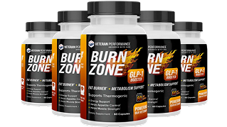 Bottles of 'Burn Zone' GLP-1 booster supplements with fiery graphics.