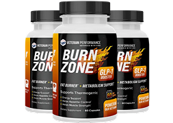 Three bottles of 'Burn Zone' dietary supplements with colorful labels.