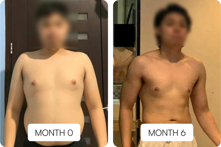 Side-by-side comparison of a shirtless person at Month 0 and Month 6.