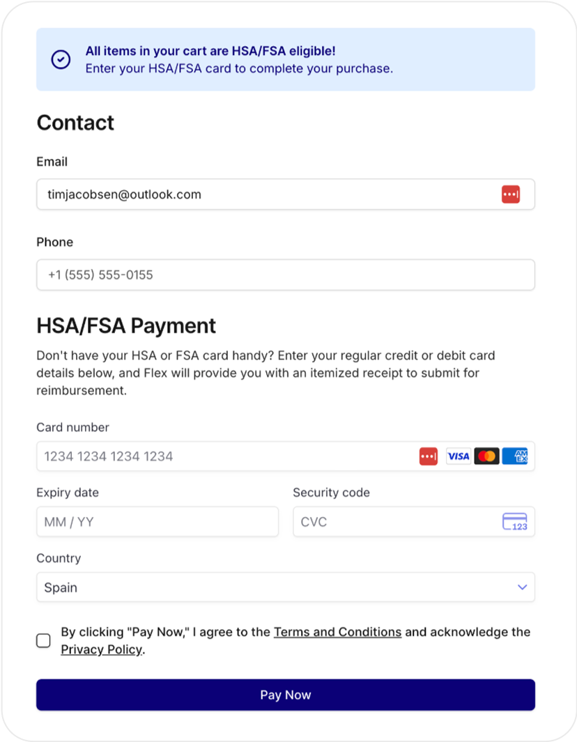 Online payment form with fields for contact and card details.