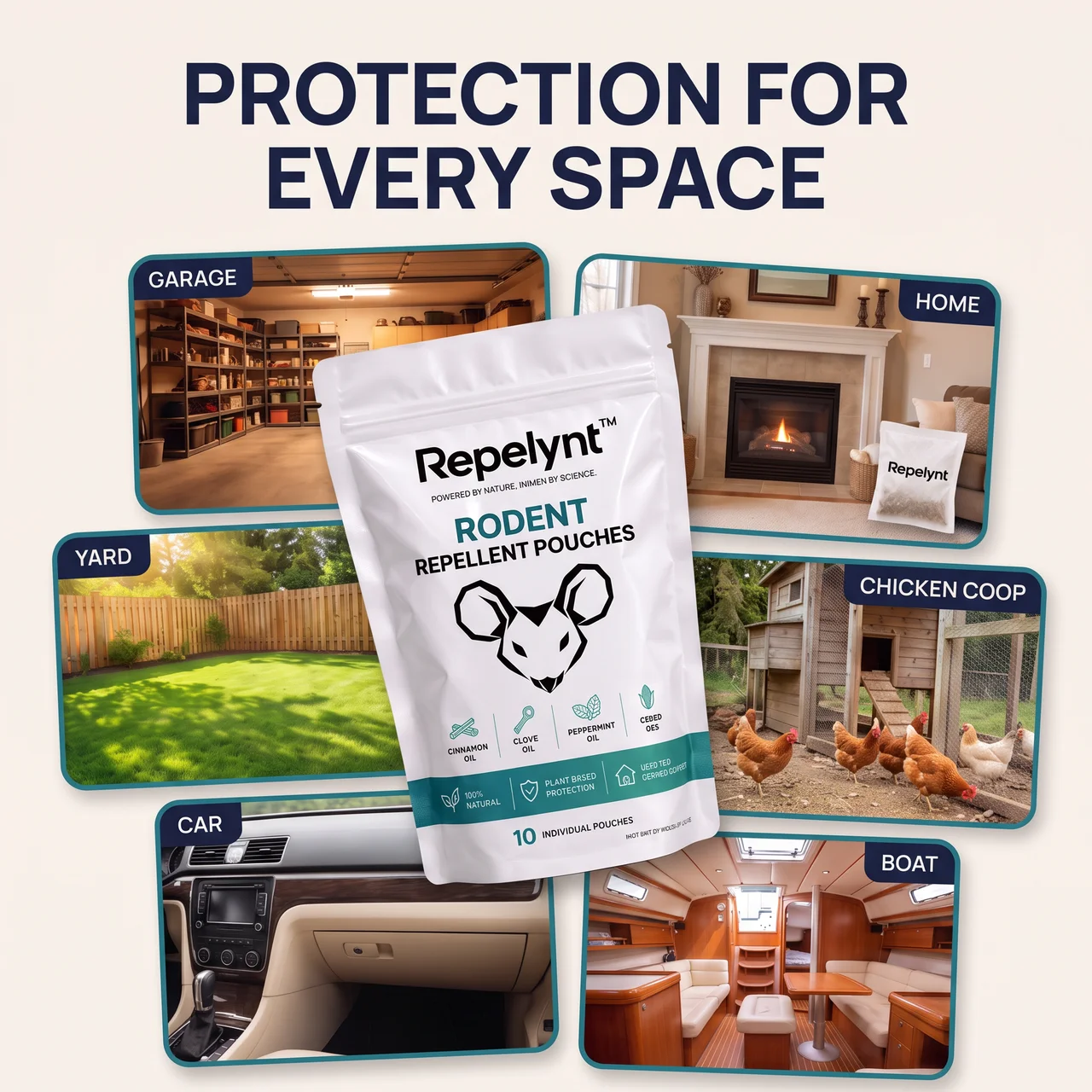 An ad for Repelynt Rodent Repellent Pouches showing examples of where to use them in various spaces.
