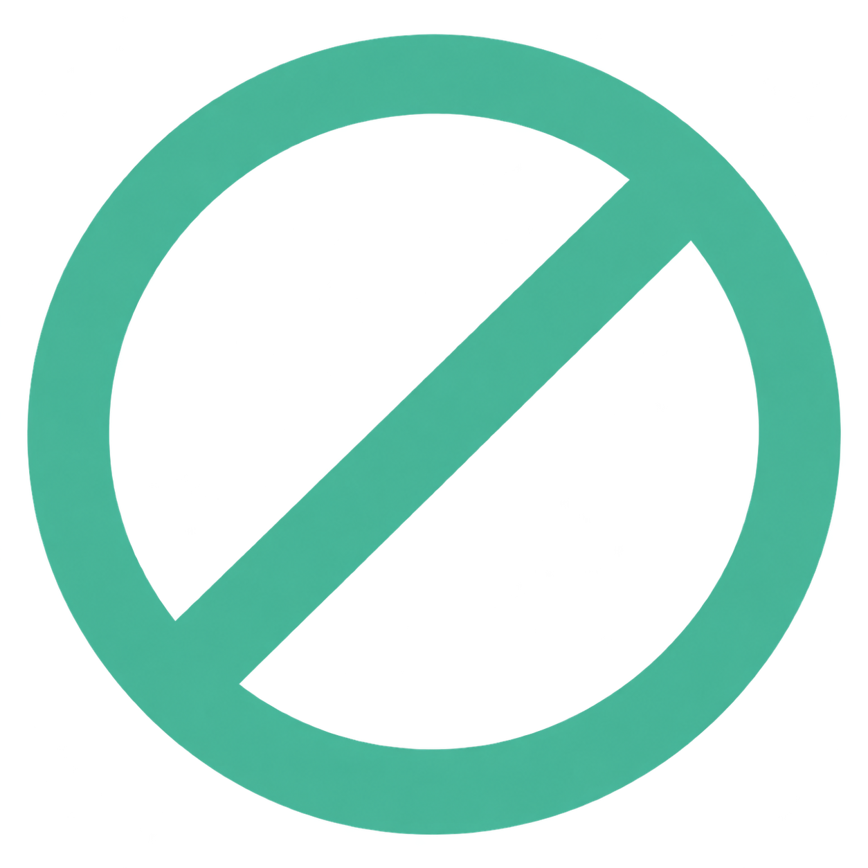 A teal-colored circle with a diagonal line through it on a white background, representing a 'no' symbol.