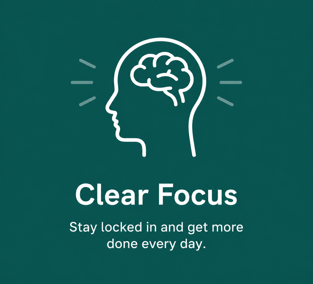 Line art icon of a head and brain with the text 'Clear Focus' on a green background.