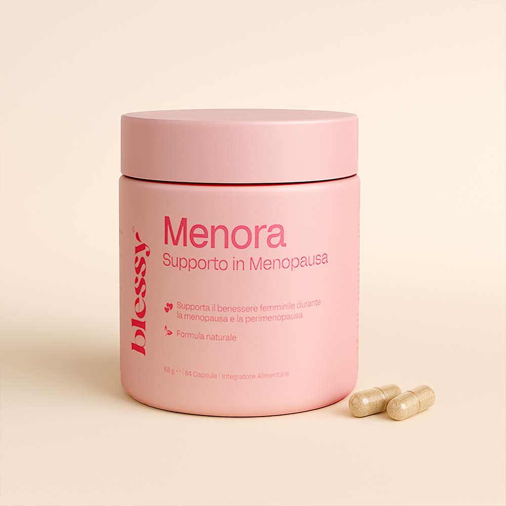 Pink container labeled 'Menora' with two capsules beside it.