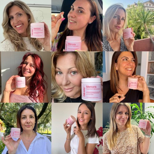 Pink container of menopause support capsules with Italian text.