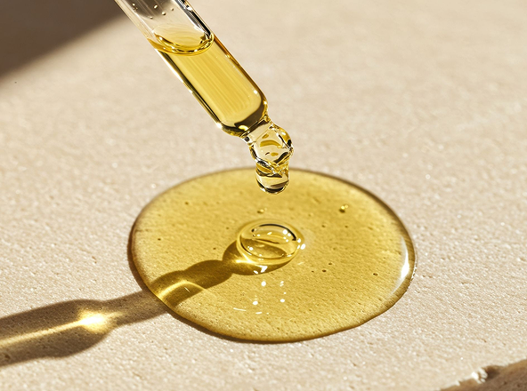 Close-up of a dropper releasing a golden liquid onto a textured surface.
