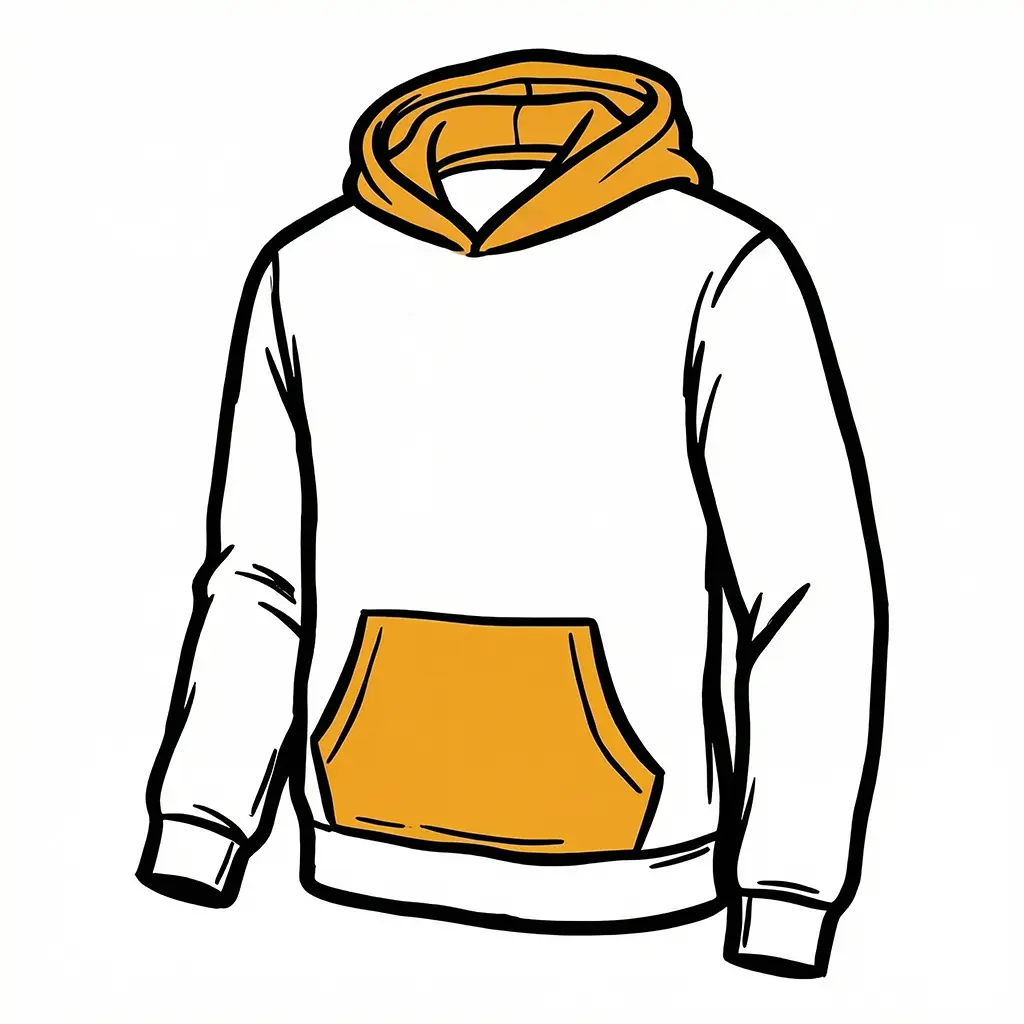 An illustration of a white hoodie with a yellow-lined hood and front pocket, on a white background.