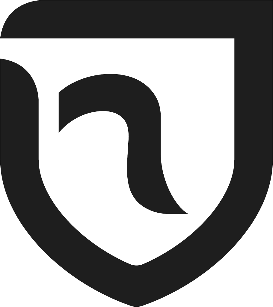 A dark gray logo featuring a stylized letter 'n' inside a shield on a white background.