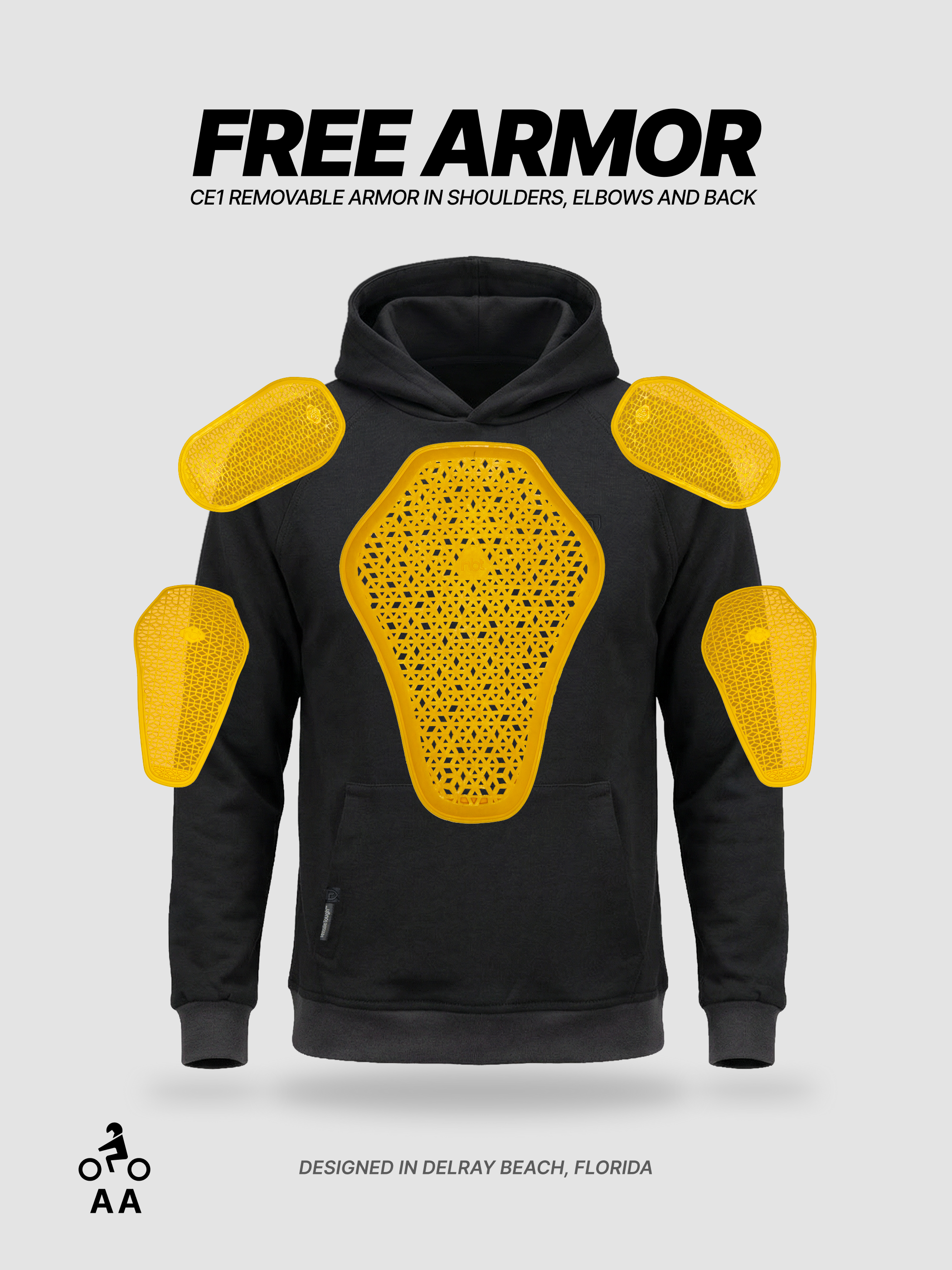A black hoodie with yellow protective armor pieces displayed over the shoulders, elbows, and back.