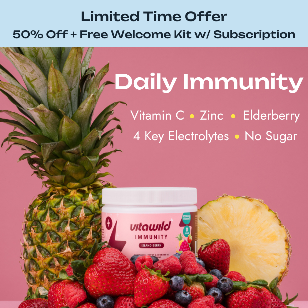 Fruit and supplement display promoting daily immunity with vitamins and electrolytes.