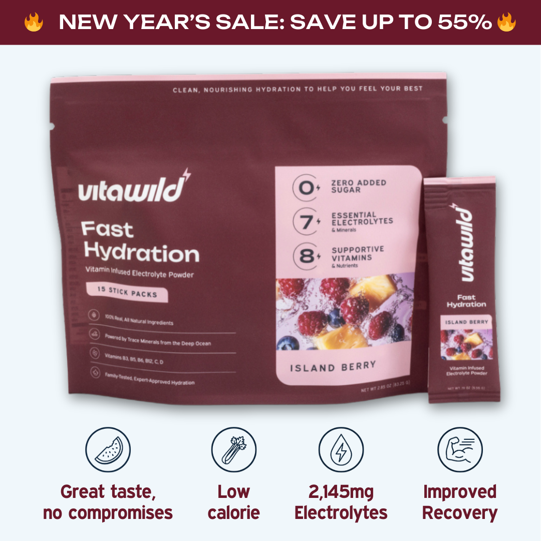 A pouch and single-serving stick of Vitawild Fast Hydration electrolyte powder in Island Berry flavor.