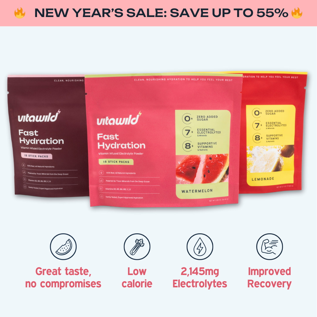 An advertisement for Vitawild Fast Hydration electrolyte powder, showing three flavor packets and sale information.