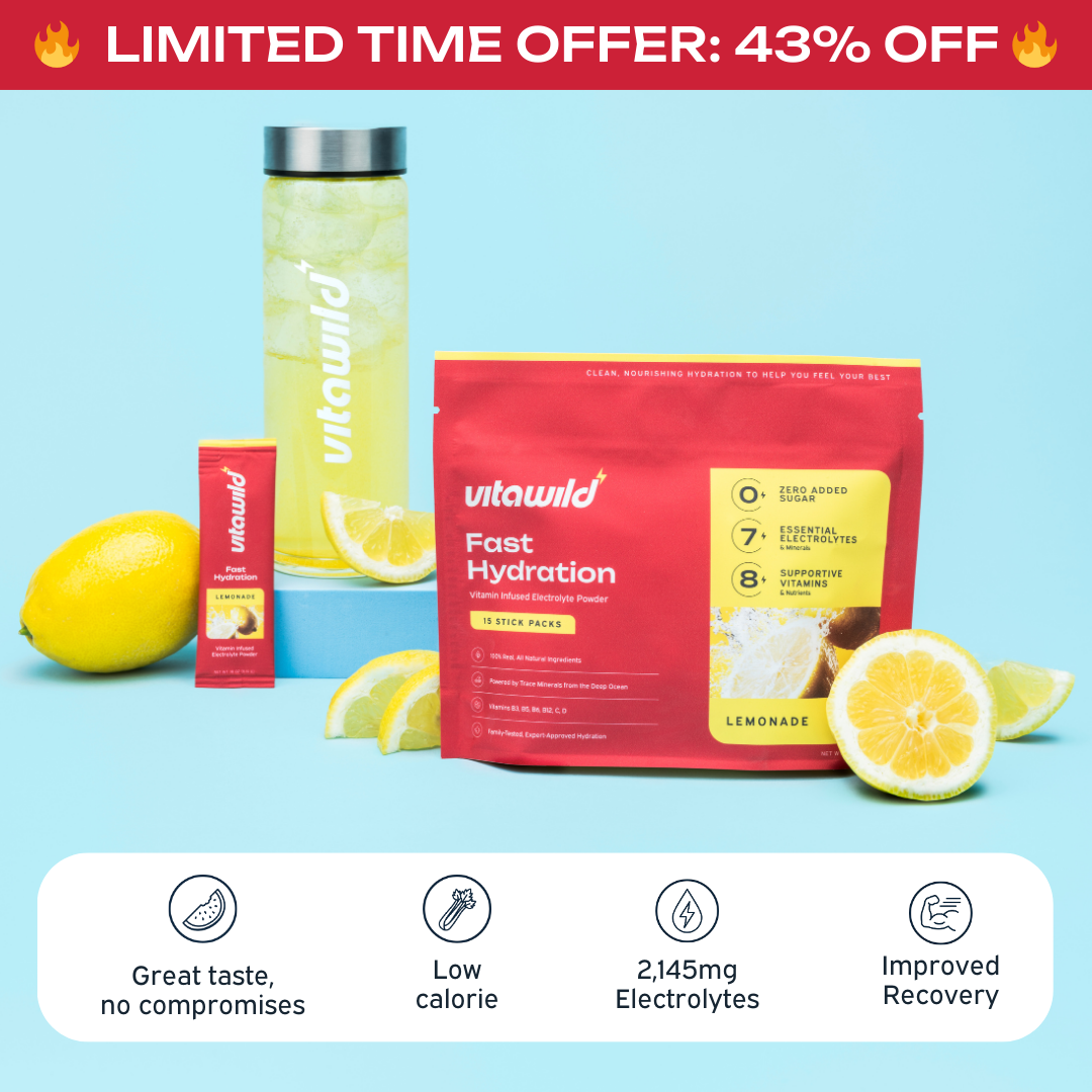 An advertisement for Vitawild Fast Hydration lemonade powder, shown with lemons and a bottle of the mixed drink.