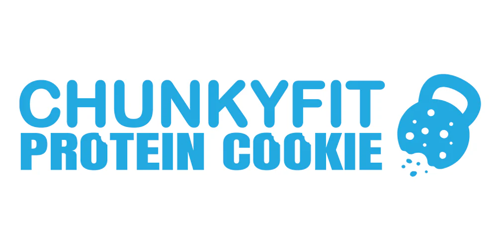Blue text 'CHUNKYFIT PROTEIN COOKIE' with a kettlebell-shaped cookie graphic.