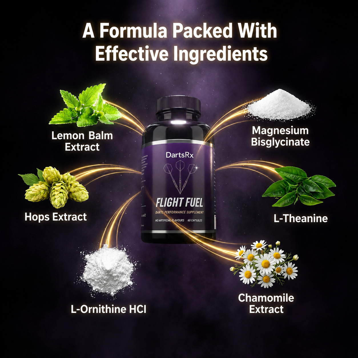 A bottle of DartsRx Flight Fuel supplement is surrounded by its six labeled ingredients against a dark background.