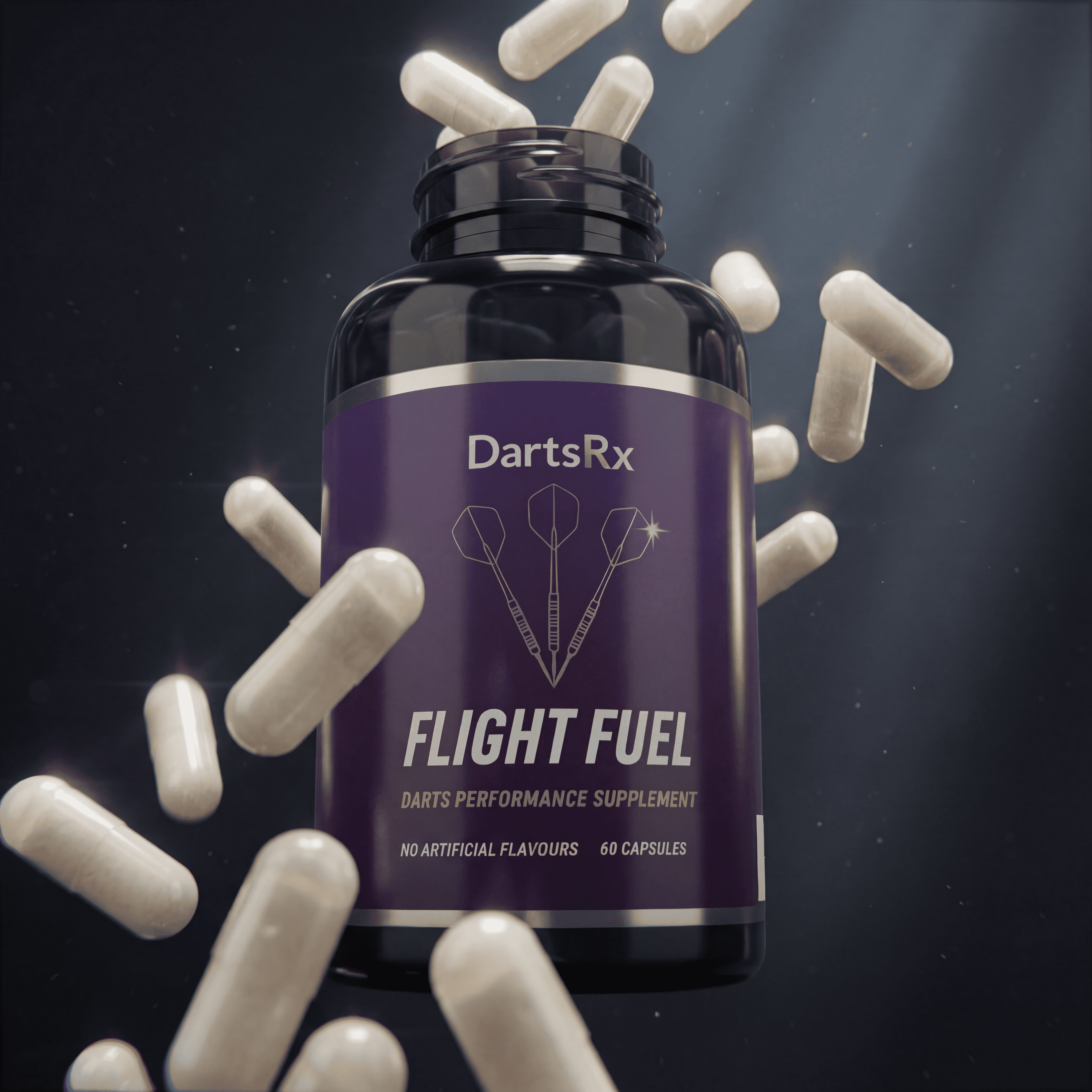 A bottle of DartsRx Flight Fuel supplement, with white capsules floating around it against a dark background.