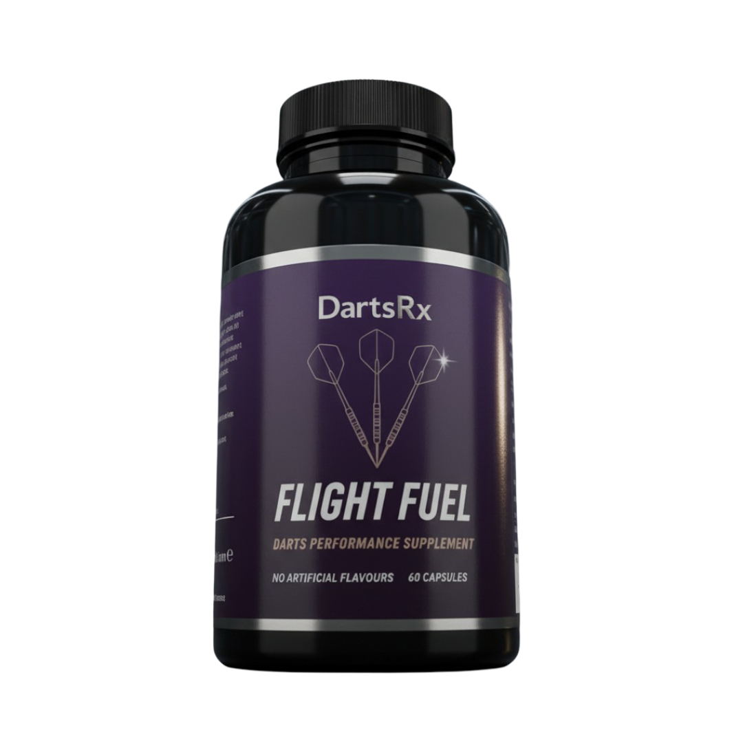 A bottle of DartsRx Flight Fuel, a darts performance supplement, on a white background.