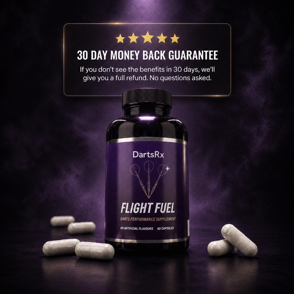 A bottle of DartsRx Flight Fuel supplement capsules with a 30-day money-back guarantee graphic in the background.