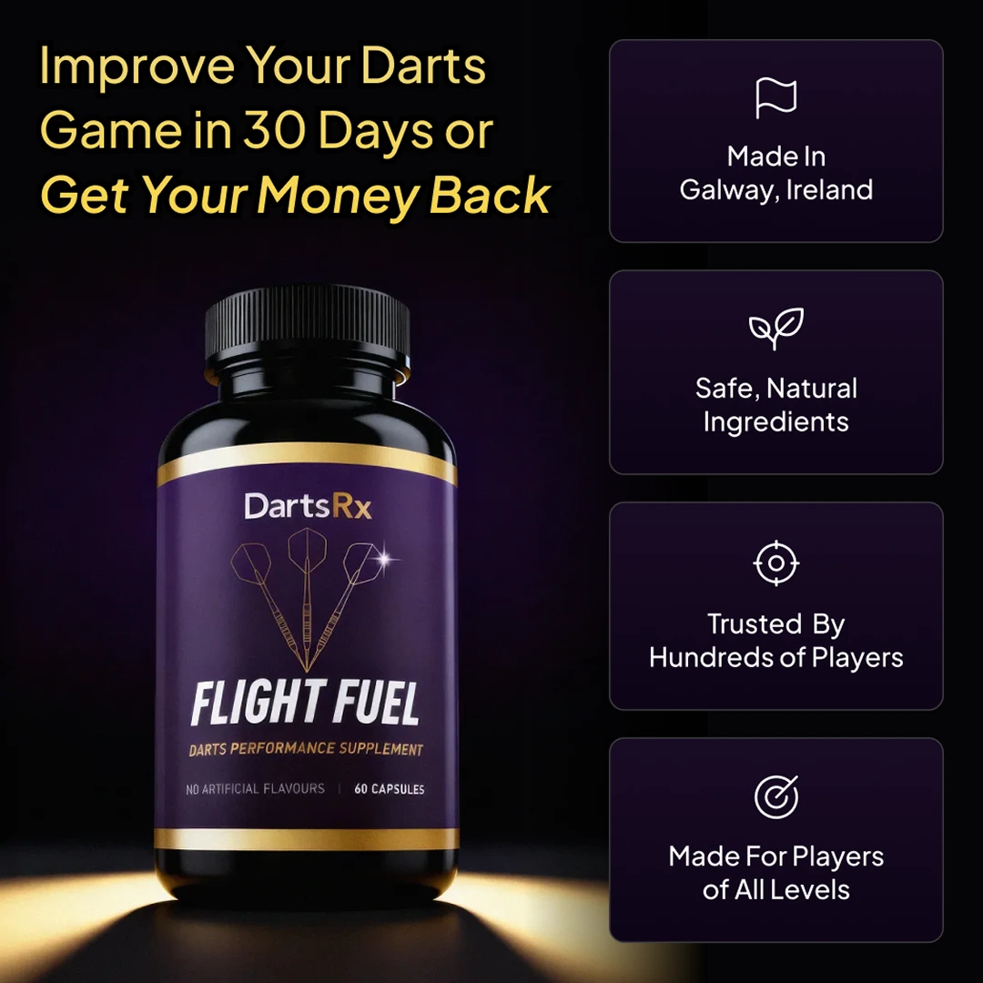 Bottle of darts performance supplement with promotional text and features listed.