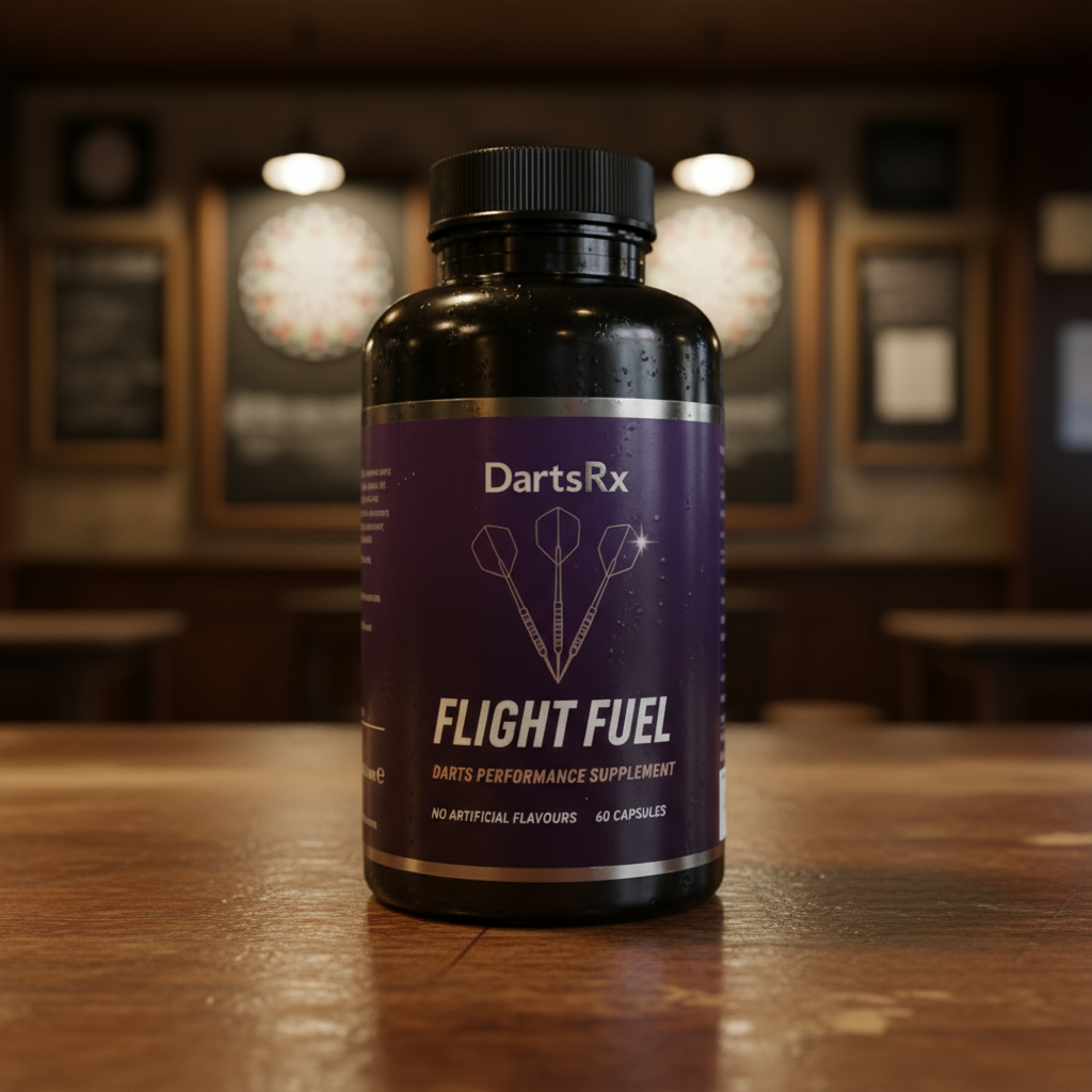 Bottle of darts performance supplement on a wooden surface.