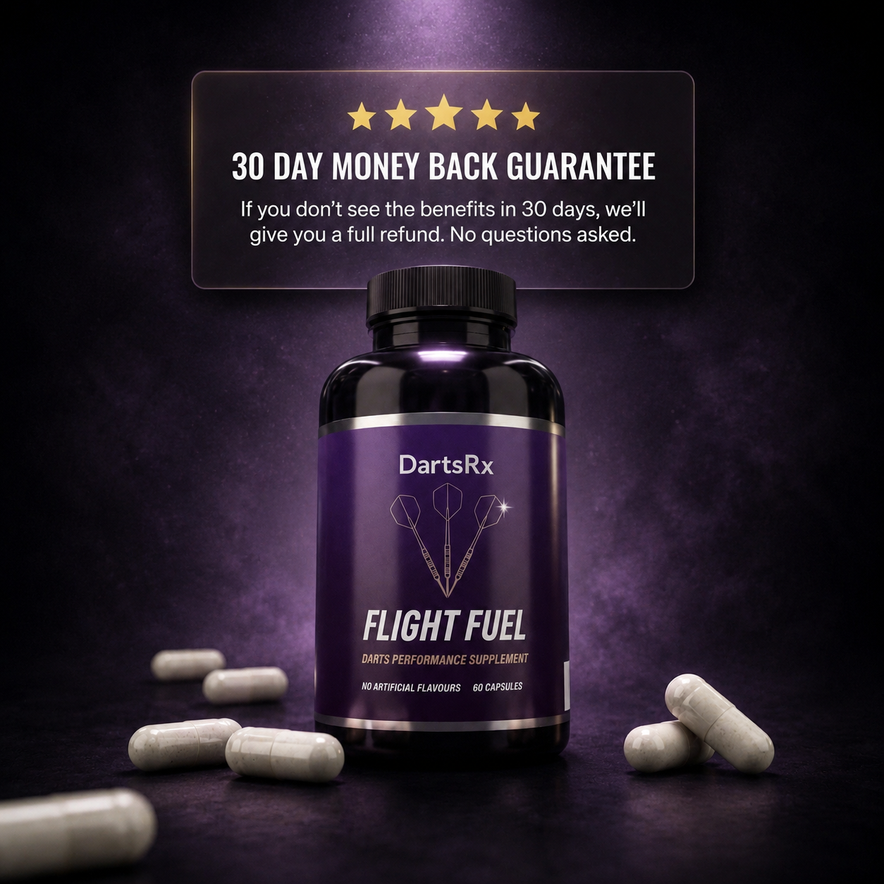 A bottle of DartsRx Flight Fuel supplement capsules with a 30-day money-back guarantee graphic in the background.