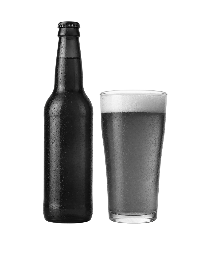 A black and white photo of a sweating beer bottle next to a full pint glass of beer.