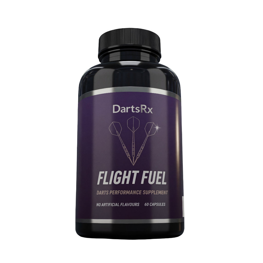 A bottle of DartsRx Flight Fuel, a darts performance supplement, shown against a black background.