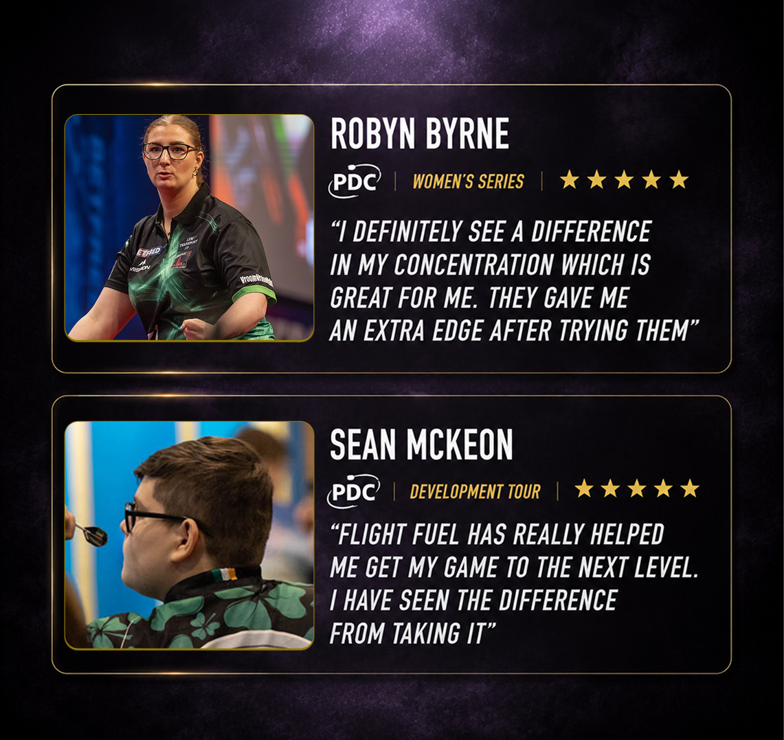 A graphic showing testimonials from darts players Robyn Byrne and Sean McKeon with their photos and quotes.
