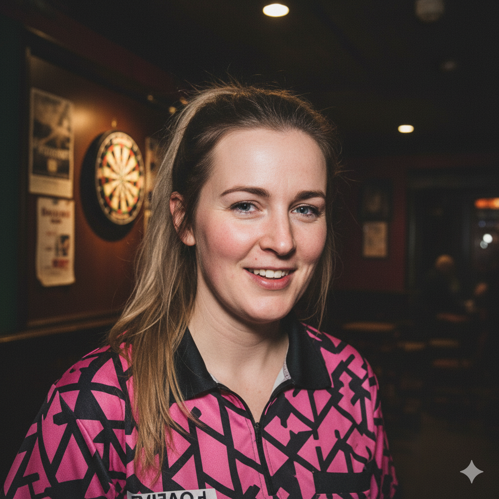 Smiling person in a patterned shirt in a dimly lit room with a dartboard.