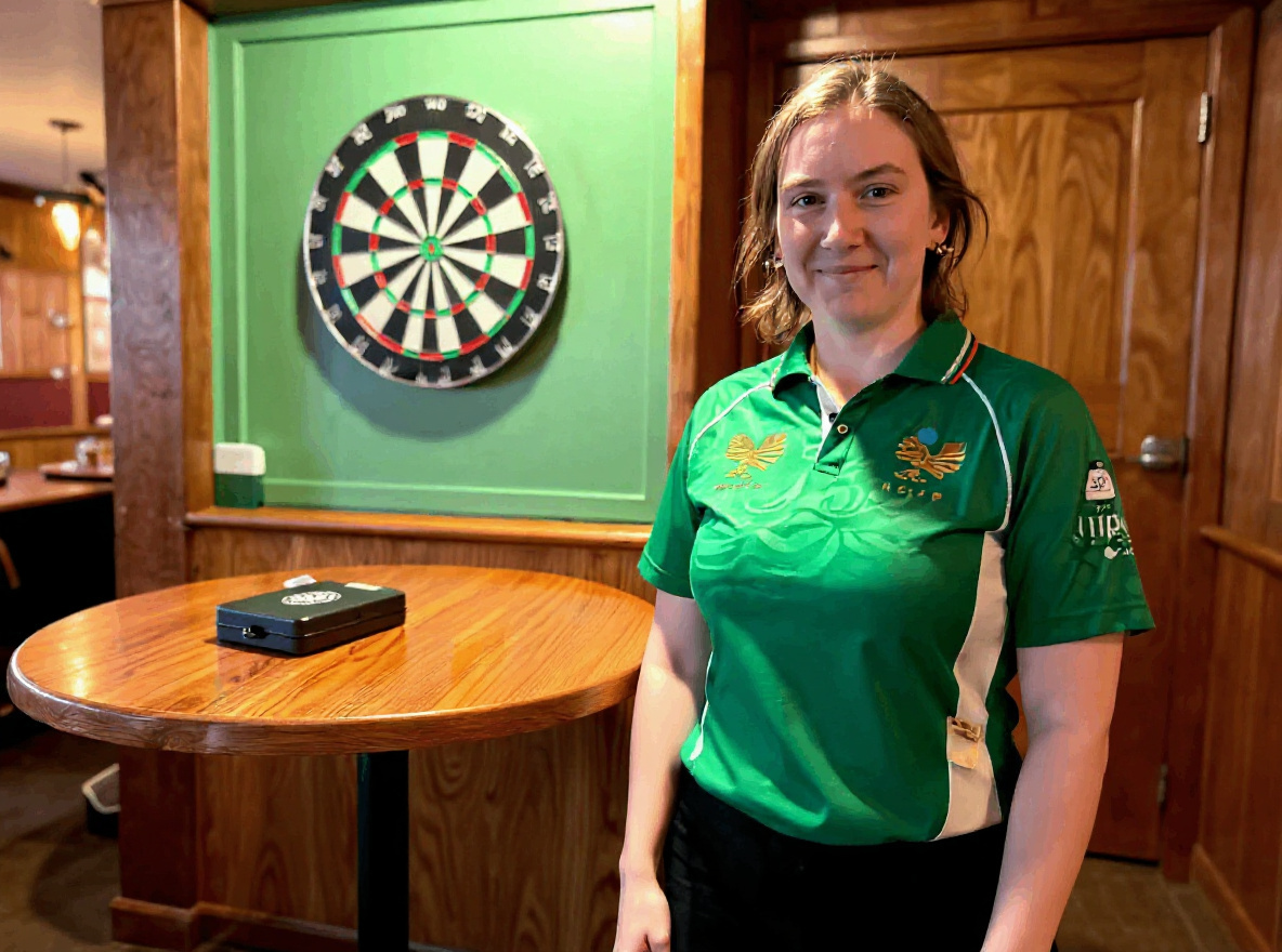 Person in a green shirt standing near a dartboard and wooden table.