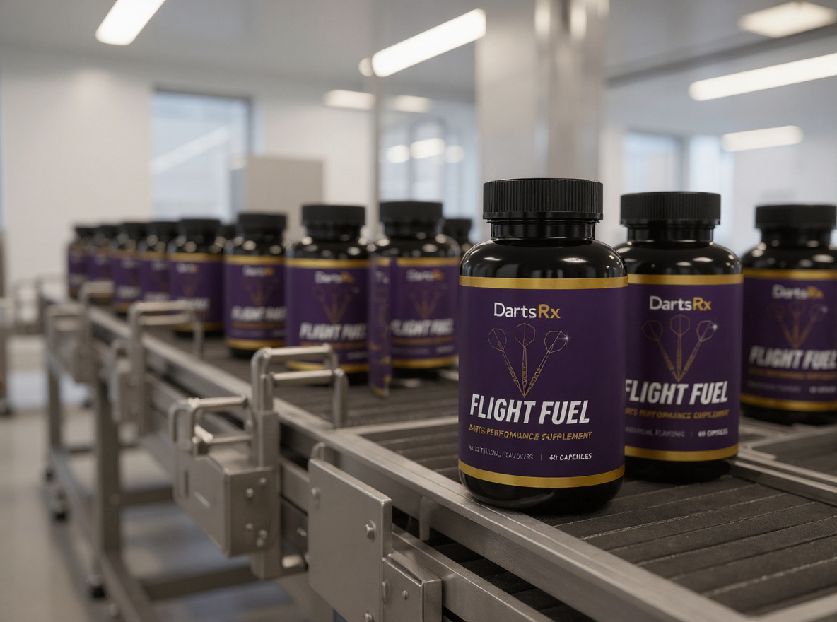 Bottles labeled 'Flight Fuel' on a conveyor belt in a bright, industrial setting.
